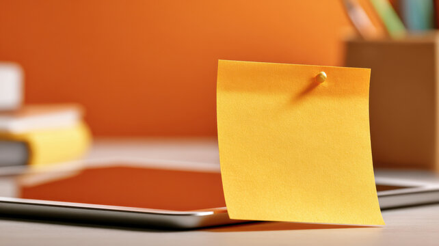 Torn sticky note next to holographic tablet, symbol of leveling up workplace tools