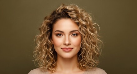 Fototapeta premium Portrait of a Woman with Curly Blonde Hair against Olive Green Background