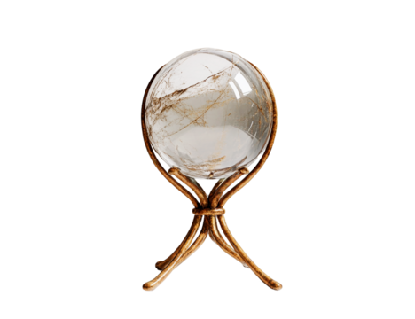 Crystal ball on ornate gold stand, transparent background, isolated object, mystical, fortune telling, esoteric, home decor, elegant, luxury, clear glass sphere, antique