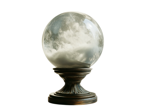Mystic glass sphere with clouds inside on dark wooden stand, transparent background, isolated, fortune telling, prediction, divination, fantasy, mystery, enigma, occult, esoteric,