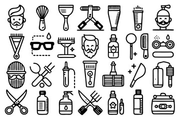Collection of line icons related to shaving beard grooming barbering and hair styling isolated on transparent background