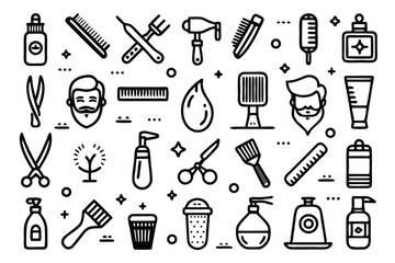Obraz premium Collection of line icons depicting shaving beard grooming barbering and hair styling isolated on transparent background