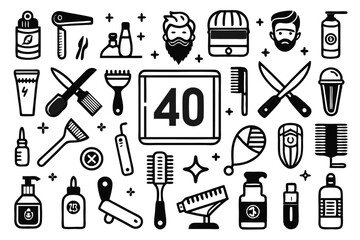 Collection of line icons depicting shaving beard grooming barbering and hair styling isolated on transparent background