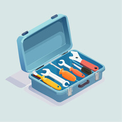 Isometric flat vector illustration of an open industrial toolbox filled with tools such as wrench, pliers, screwdriver, maintenance and repair concept