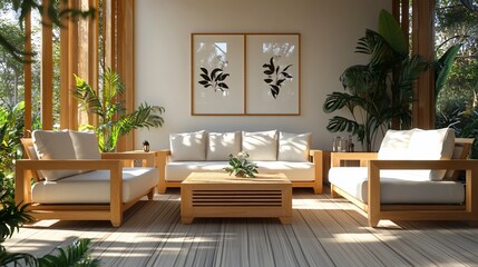 Modern, minimalist living room with natural wood furniture and lush greenery