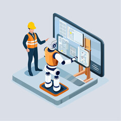 Isometric flat vector illustration of an engineer and robot analyzing digital data on a screen, depicting synergy of AI and human expertise in industrial automation and factory innovation