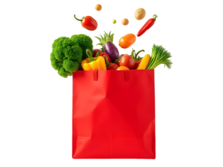 Red shopping bag filled with fresh vegetables   isolated on white background, png file
