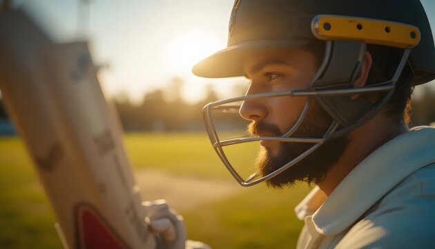 Focused cricket player in helmet holding bat on the field