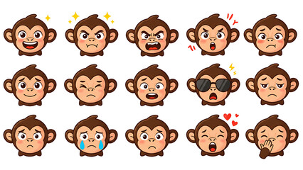 Cute cartoon monkey emoji set featuring expressive emotions