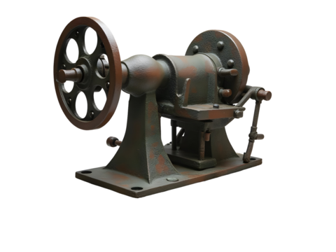 Old rusty industrial machine with large flywheel and small gear, corroded metal on concrete base, abandoned vintage look – PNG file isolated on transparent background