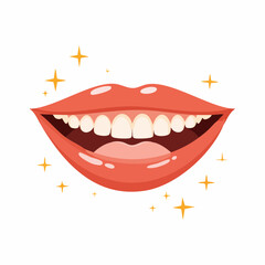 Obraz premium Flat vector of a smiling mouth with slightly open white teeth, surrounded by sparkles, symbolizing happiness, self-care, oral hygiene, and positivity in minimal style