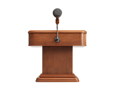 Brown Wooden Podium with Microphone on Transparent Background, PNG