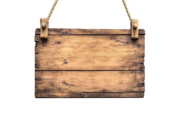Rustic wooden sign hanging on rope, isolated on transparent background, blank space for text, weathered texture, brown tones, vintage style, horizontal orientation,