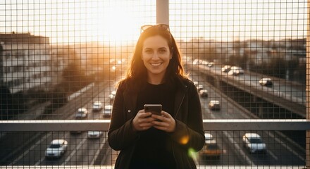 Smiling woman with phone on bridge at sunset overlooking highway traffic