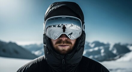 Snow Goggles Reflecting Majestic Mountain Peaks