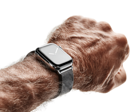 Close-up of a Man's Hand Wearing a Silver Smartwatch with Mesh Band, PNG
