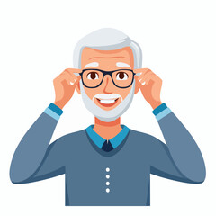 Kind old man smiling gently while adjusting glasses with both hands, wrinkles showing a life well-lived, warm and peaceful flat vector art.