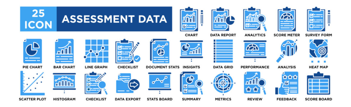 Assessment Data icon collection set. Progress Chart, Data Report, Analytics Graph, Score Meter, Survey Form