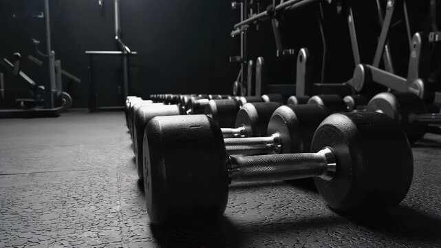 Dumbbells lined up on gym floor with weights in dark environment  