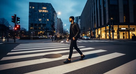 Stylish Man Crossing City Street at Dusk