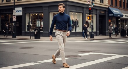 Stylish Man in Turtleneck Crossing Street in Urban Setting, Fashionable Outfit.