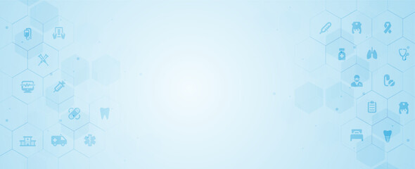 Abstract medical background with flat icons in hexagons. Design for science, medicine or technology, innovation medicine, health