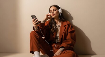 Stylish Woman Listening to Music on Smartphone in Rust-Colored Outfit
