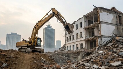 Construction Machine Removing Broken Building Pieces Cycle Of Urban Renewal