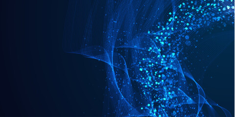 Technology background. Big data visualization concept. Lots of dots and fibers on a blue background