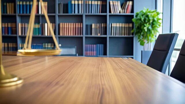 Scales of justice and gavel on a wooden table in a law office with a bookshelf, legal concept of balance, equality and court