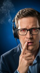 Thoughtful Businessman in Headphones with Red Eyes