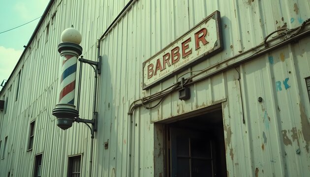 Old-fashioned barber shop with barber pole on weathered building exterior