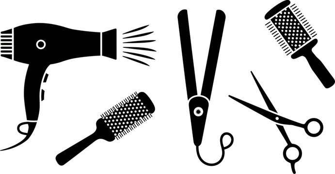 Hair styling tools vector illustration of dryer iron scissors and brushes for salon and beauty concept editable stock vector illustration