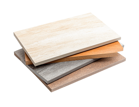 Stack of four textured ceramic tiles, beige, brown, gray, and terracotta, isolated on transparent background