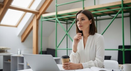 Thoughtful Woman in Modern Office with Coffee and Laptop, Daydreaming