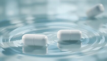 Pills floating on water with ripple effect for pharmaceutical concepts