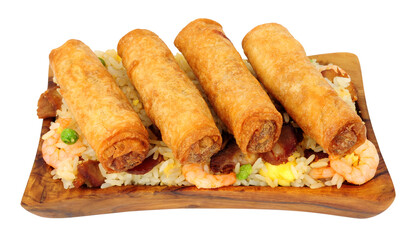 Chinese duck meat and vegetable spring rolls with special fried rice in a olive wood serving dish isolated on a white background