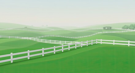 Fototapeta premium A vibrant rural landscape featuring green fields, a winding path, a wooden fence, and a clear blue sky with scattered clouds