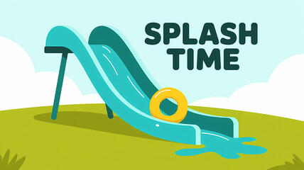 Flat Design Illustration of a Turquoise Water Slide with Inflatable Ring and Splash Effect under Sunny Sky with 'SPLASH TIME' Text