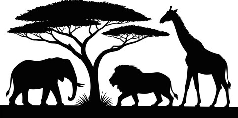 Silhouette of african animals under a tree on a white background design