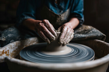 A person is making a pottery piece in a pottery wheel. The potter's hands are covered in clay, and the wheel is spinning. Concept of focus and concentration as the potter works on their creation