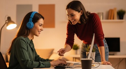 Two Smiling Women Collaborating on a Laptop in a Modern Office
