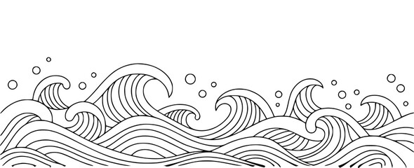 Simple black and white ocean waves with bubbles vector illustration