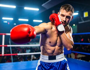 Boxer Throwing Powerful Punch in Ring with Sweat and Focused Expression


