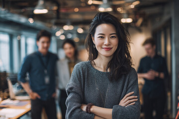 A woman is standing in a room with other people. She is smiling and looking at the camera