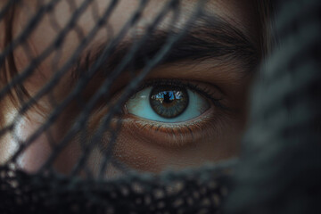 Captivating close-up of a striking blue-green eye peering through a textured mesh, hinting at a world beyond the veil. Generative AI