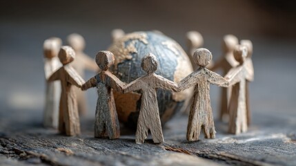 Stick figures holding hands around a globe represent global unity, peace, and the power of international cooperation.
