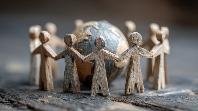 Stick figures holding hands around a globe represent global unity, peace, and the power of international cooperation.

