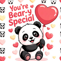 Naklejka premium Adorable panda holding heart balloon valentine card