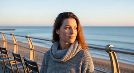 Woman enjoying the golden hour light by the ocean, wearing a sweater.